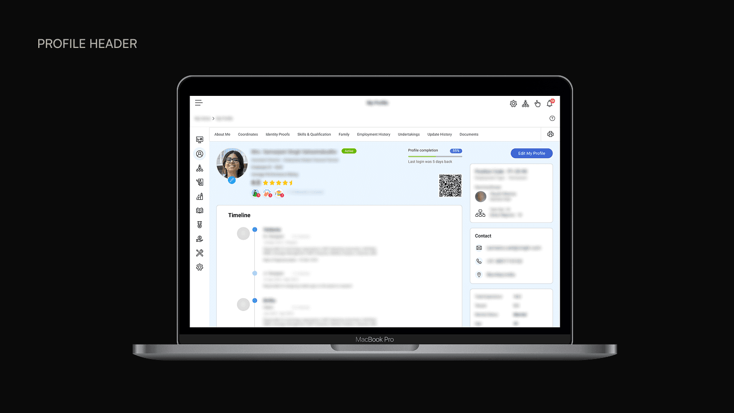 Profile header with employee photo, designation, performance rating, QR code, and organizational context.