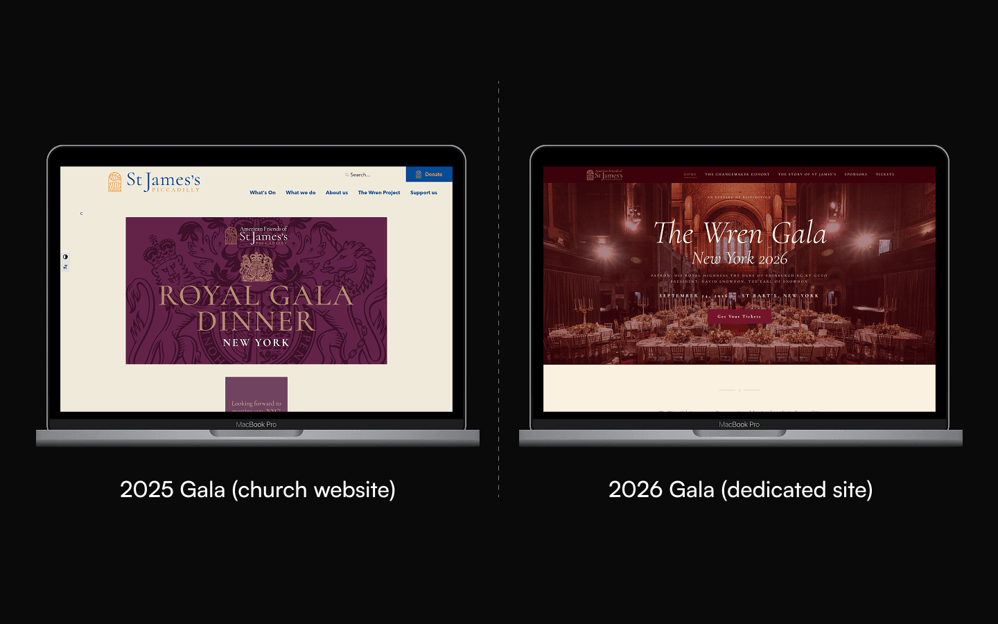 Side-by-side: existing church site vs. Wren Gala homepage