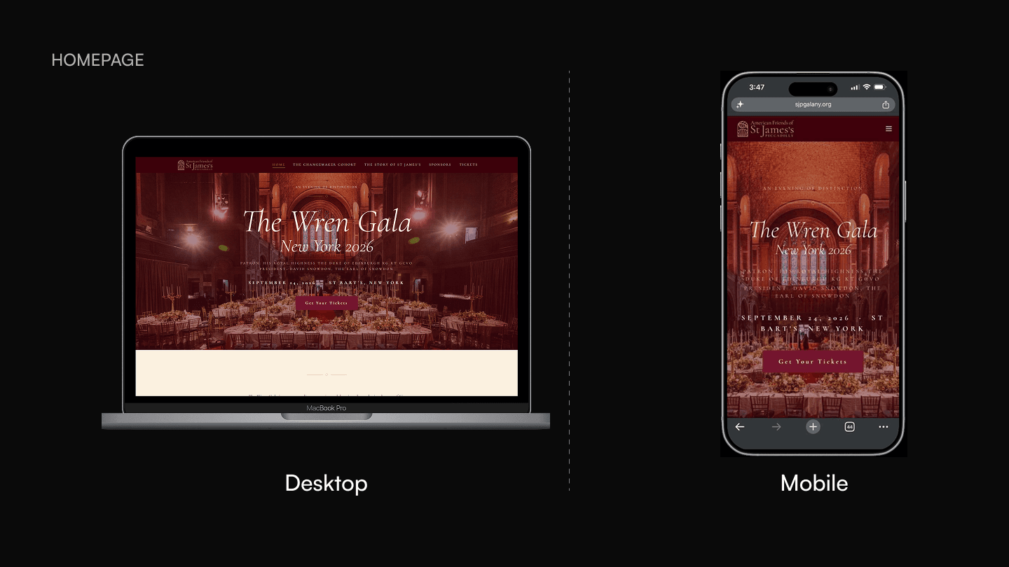 Wren Gala homepage on desktop and mobile