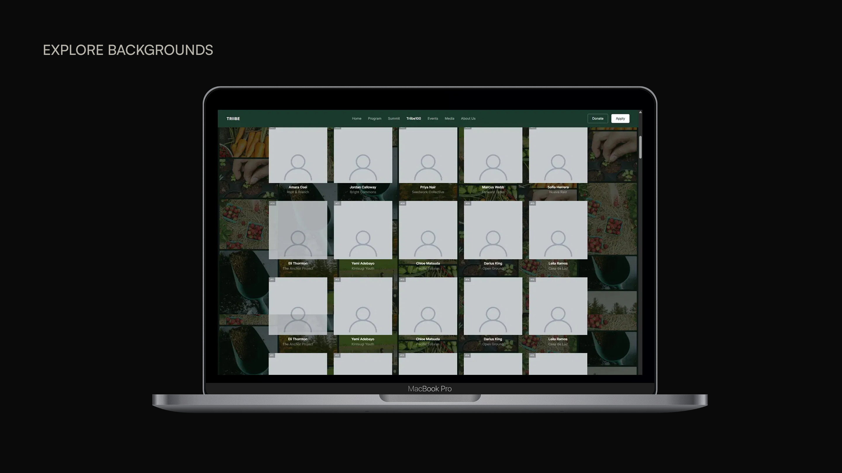 Early Triibe100 design split into five themed category sections, each with its own busy environmental photo background