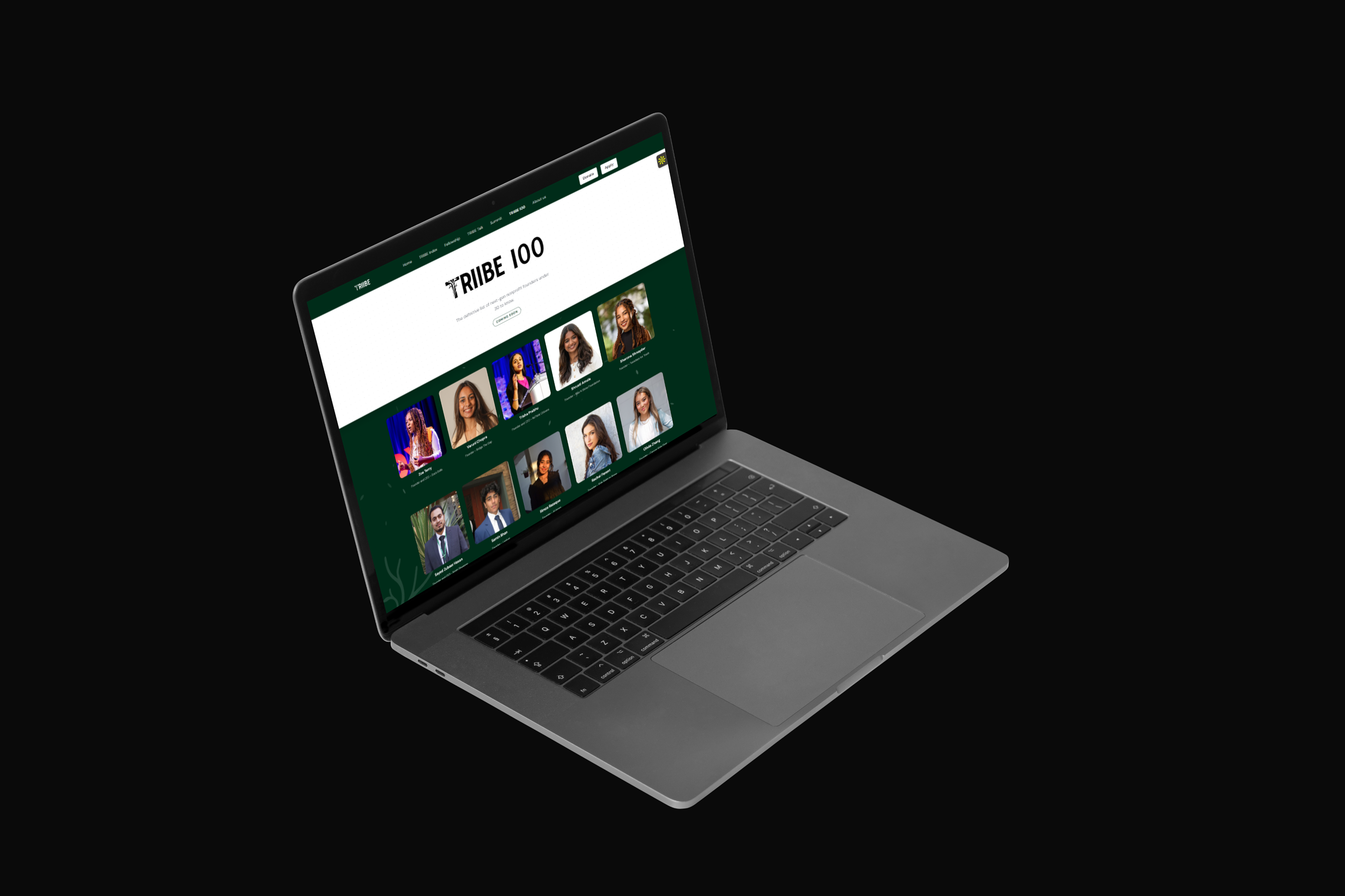 Screenshot of the live Triibe100 page at triibe.org/100, the grid of 100 honorees shown in a browser frame