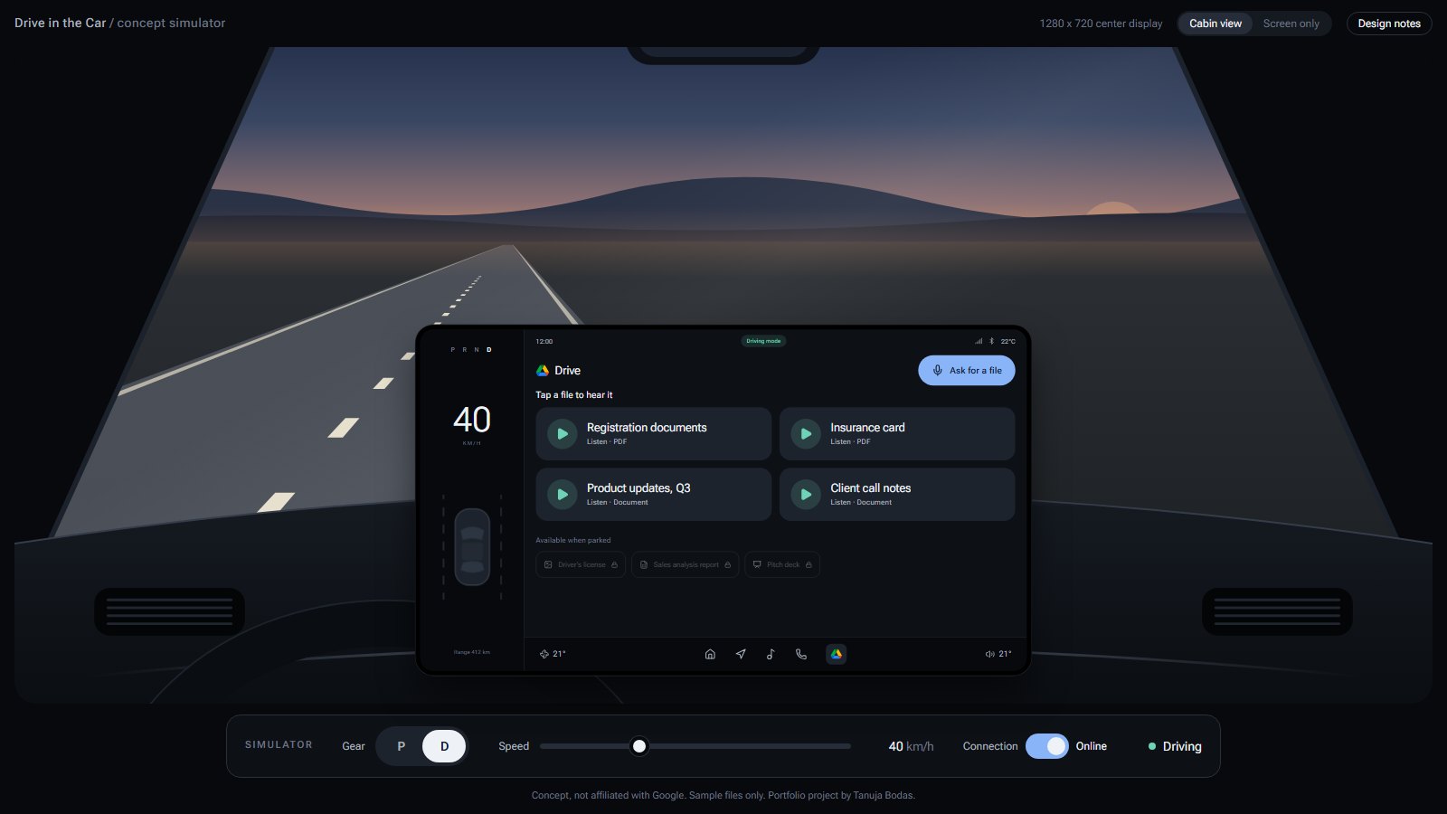 The same cabin in D at 40 km/h. The road's lane lines are moving and the screen shows four large listen tiles, with the remaining files in a small row marked available when parked.