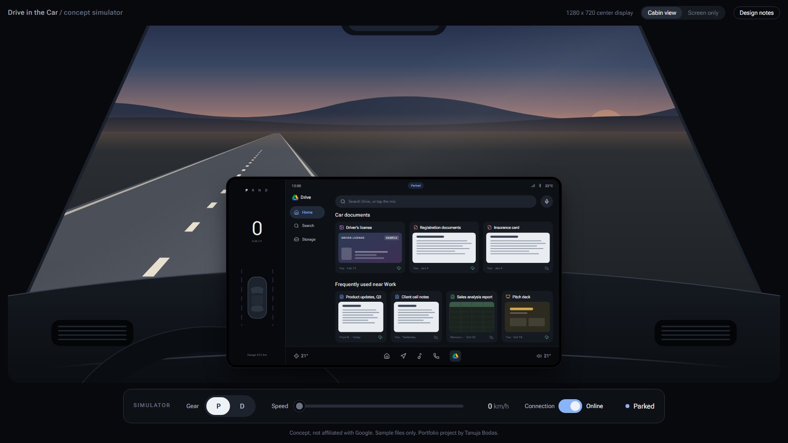 A drawn car cabin at dusk with a center screen on the dashboard showing a file app: car documents and work files with previews. Simulator controls below set gear to P.