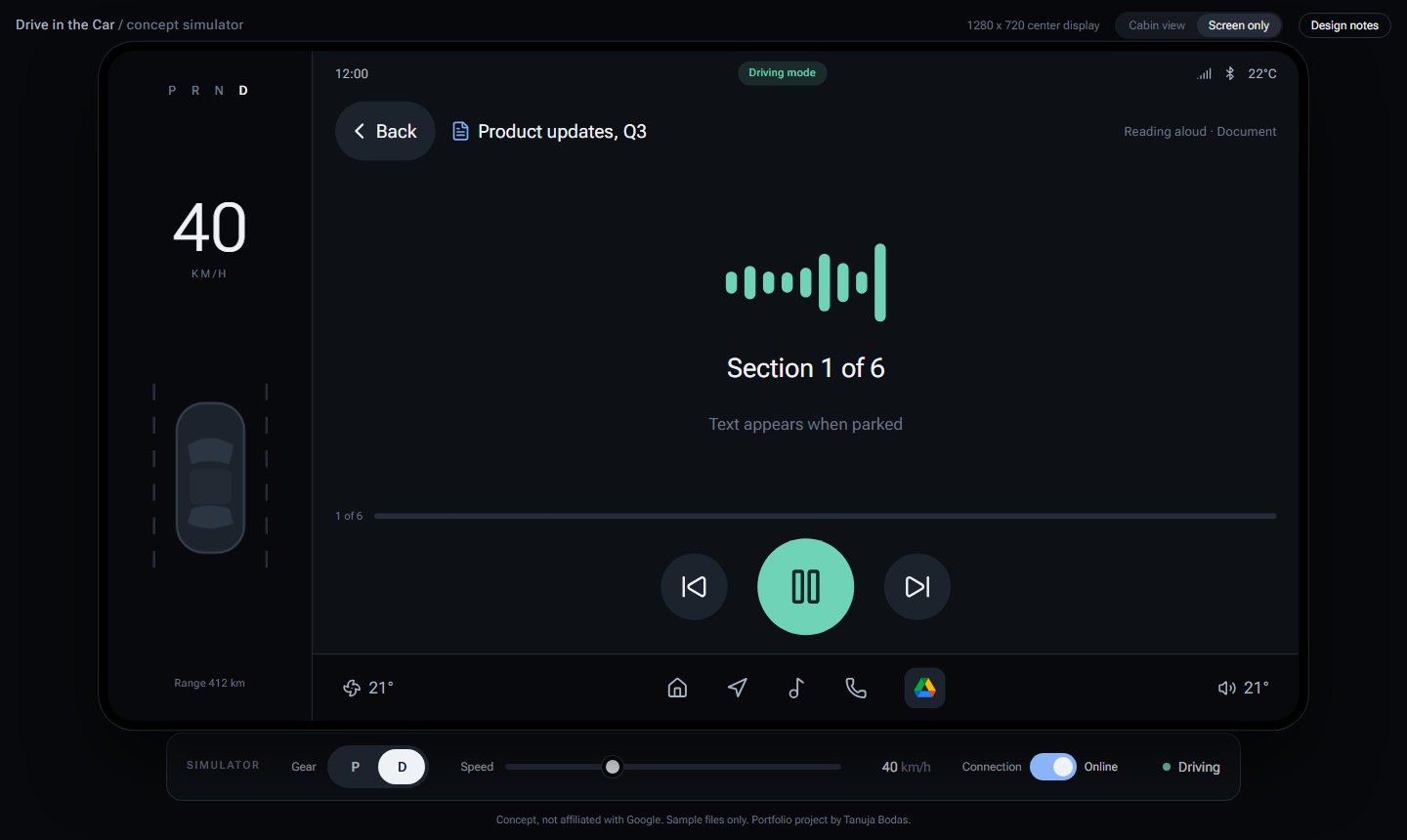 The center screen in Driving mode reading a document aloud: a green sound wave, Section 1 of 6, the note text appears when parked, and three large playback buttons.